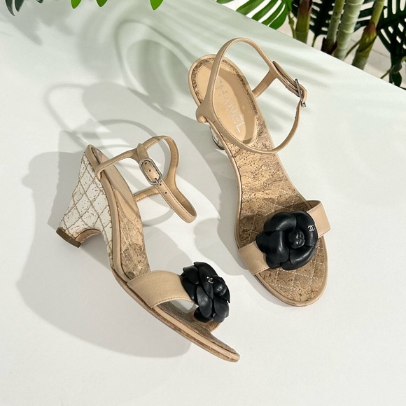 SOLD Chanel Beige, Black & White Camellia Cork Wedges size 38 14C